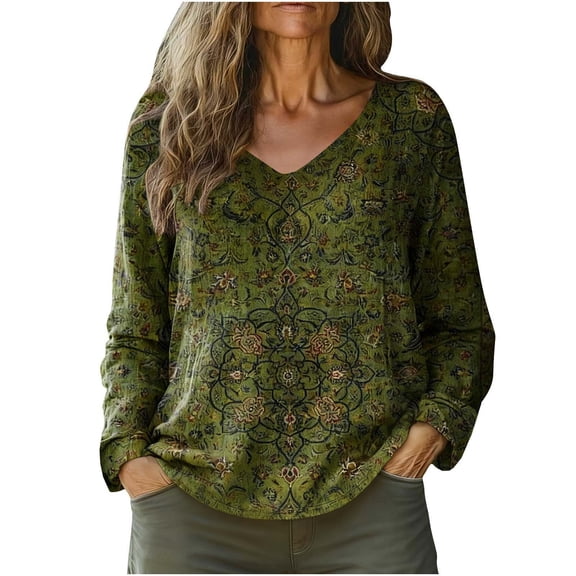 Craaazy Women's Long Sleeve Tops Casual V-Neck Fall Shirt Digital Print Casual Loose T-Shirt Gifts