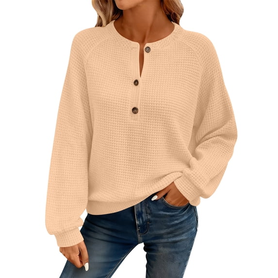 Craaazy Women's Long Sleeve Waffle Knit Top Solid Color Crewneck Pullover Loose Fit Button Detail Casual Comfort Shirt Gifts