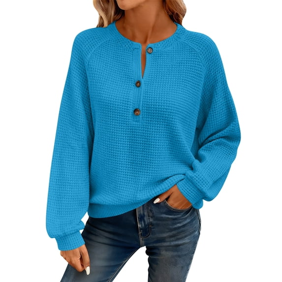 Craaazy Women's Long Sleeve Waffle Knit Top Solid Color Crewneck Pullover Loose Fit Button Detail Casual Comfort Shirt Gifts