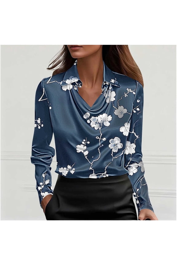 Women's Long-Sleeved Cowl Neck Casual Business Printed Pullover Work Tops Gifts