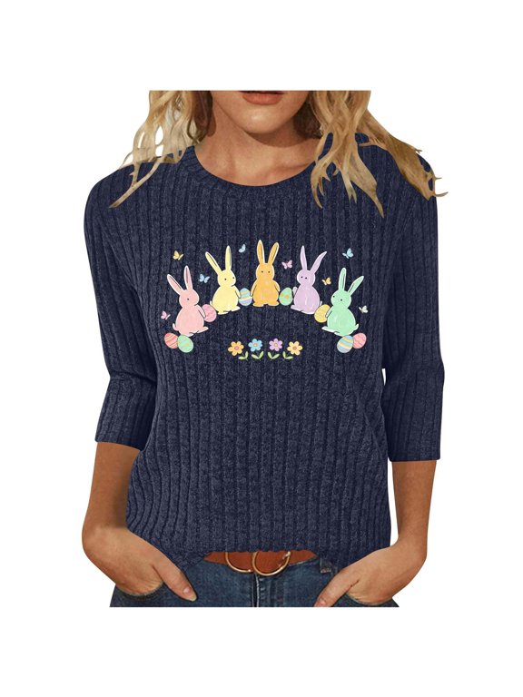 Women's Loose Cute Rabbit Egg Print Casual Happy Easter Day Crewneck 3/4 Sleeve Blouses Gifts