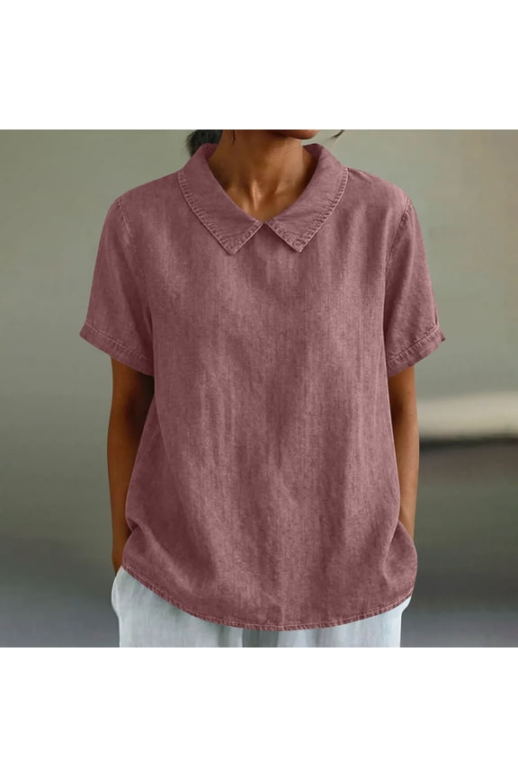 Women's Loose Fit Collared Blouse Solid Color Short Sleeve Casual Top for Office and Weekend Gifts