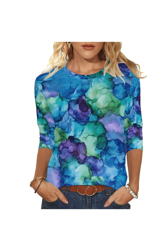 Women's Loose Fit Colorful Printing 3/4 Sleeve Pretty Round-neck Tops Gifts