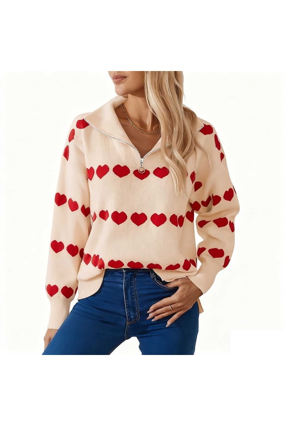 Women's Loose Fit Heart Print Half Zip Sweater - Long Sleeve Casual Pullover for Valentine's Day Gifts
