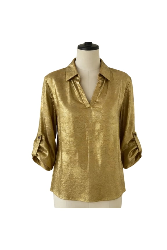 Women's Loose Fit Metallic Gold Turndown Collared V-Neck 3/4 Sleeve Top - Adjustable Cuff Casual Blouse For Evening & Daily Wear Gifts