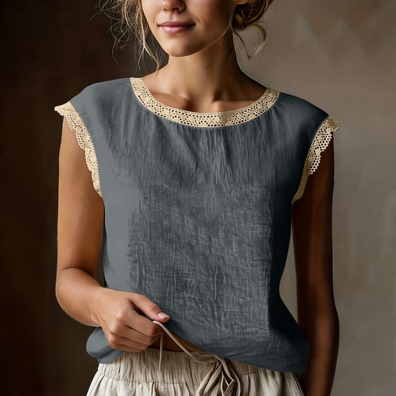 Craaazy Women's Loose Fit Sleeveless Round Neck Tops Lace Trim Embellished Solid Color Casual Blouses Gift