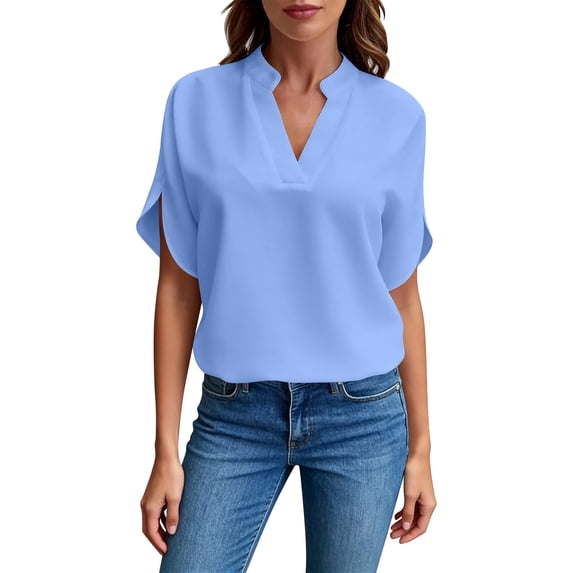 Craaazy Women's Loose Fit Solid C V-Neck Short Sleeve Top - Flowy Casual Summer Blouse Gifts