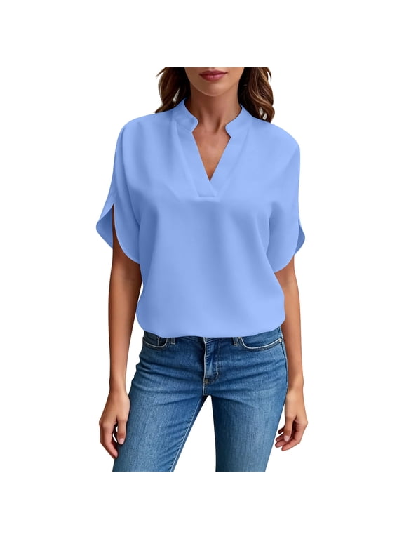 Women's Loose Fit Solid C V-Neck Short Sleeve Top - Flowy Casual Summer Blouse Gifts