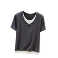 thumbnail image 1 of Craaazy Women's Loose Fit Solid Color Crew Neck Short Sleeve Top - Ribbed Contrast Layered Casual Spring Summer Blouse Gifts, 1 of 5
