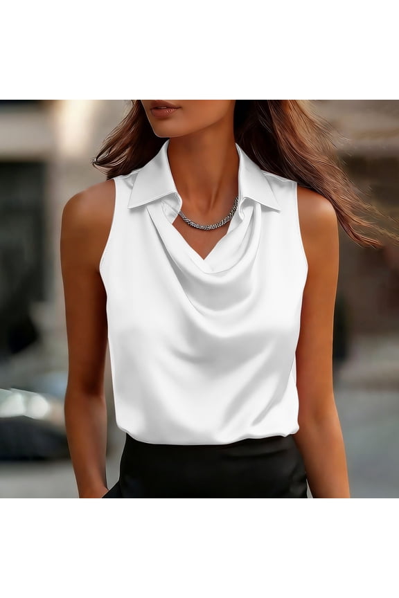 Women's Loose Fit Solid Color Satin Cowl Neck Blouse - Collared Sleeveless Elegant Top Gifts