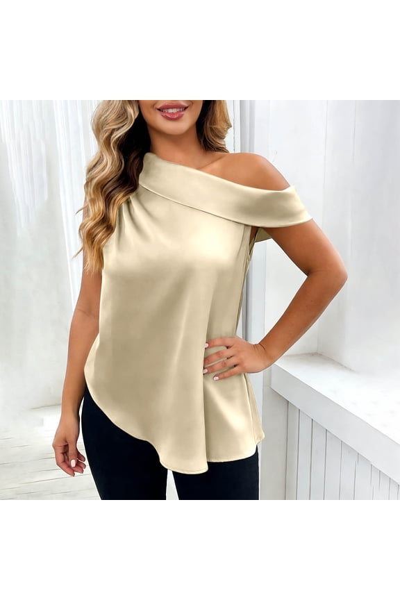 Women's Loose Fit Solid Color Satin Off Shoulder Blouse - Asymmetrical Hem Short Sleeve Elegant Top Gifts