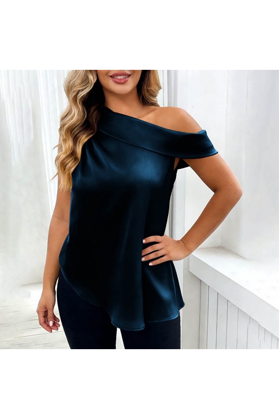 Women's Loose Fit Solid Color Satin Off Shoulder Blouse - Asymmetrical Hem Short Sleeve Elegant Top Gifts