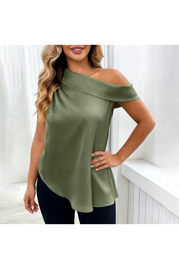 Women's Loose Fit Solid Color Satin Off Shoulder Blouse - Asymmetrical Hem Short Sleeve Elegant Top Gifts