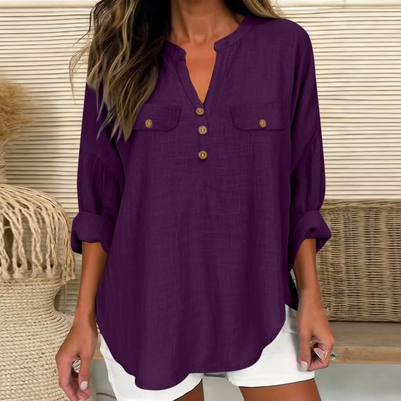 Craaazy Women's Loose Fit Solid Color V-Neck 3/4 Sleeve Cotton Blouse With Flap Pockets Casual Spring Top Gifts