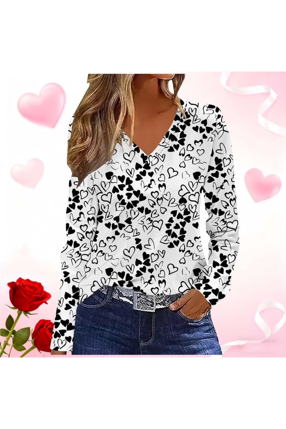 Women's Loose Love Prints Valentines Shirts Casual V-neck Long Sleeve Tops Gifts