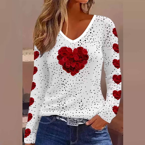 Craaazy Women's Loose Love Prints Valentines Shirts Casual V-neck Long Sleeve Tops Gifts