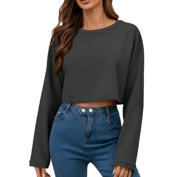Craaazy Women's Loose Solid-Color Long-Sleeved Crew Neck Comfy Cropped Sweatshirts Gifts