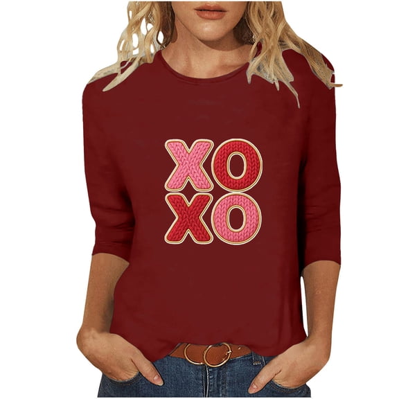 Craaazy Women's Loose Valentines Day Shirt 3/4 Sleeve T-shirts with Love Heart Gifts