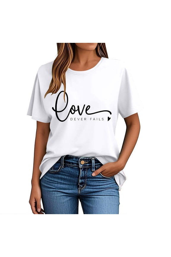 Women's Love Heart Printed T-shirt Round Neck Short Sleeved Sunmmer Tops Gifts