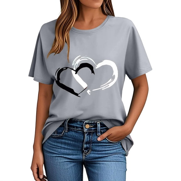 Craaazy Women's Love Heart Printed T-shirt Round Neck Short Sleeved Sunmmer Tops Gifts