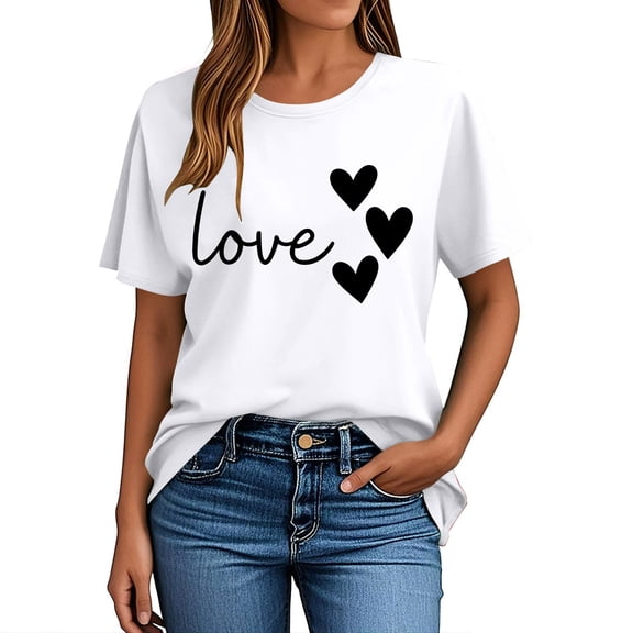 Craaazy Women's Love Heart Printed T-shirt Round Neck Short Sleeved Sunmmer Tops Gifts