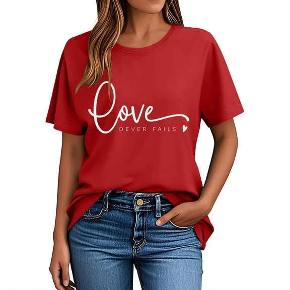 Craaazy Women's Love Heart Printed T-shirt Round Neck Short Sleeved Sunmmer Tops Gifts