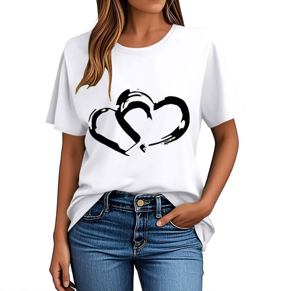 Craaazy Women's Love Heart Printed T-shirt Round Neck Short Sleeved Sunmmer Tops Gifts