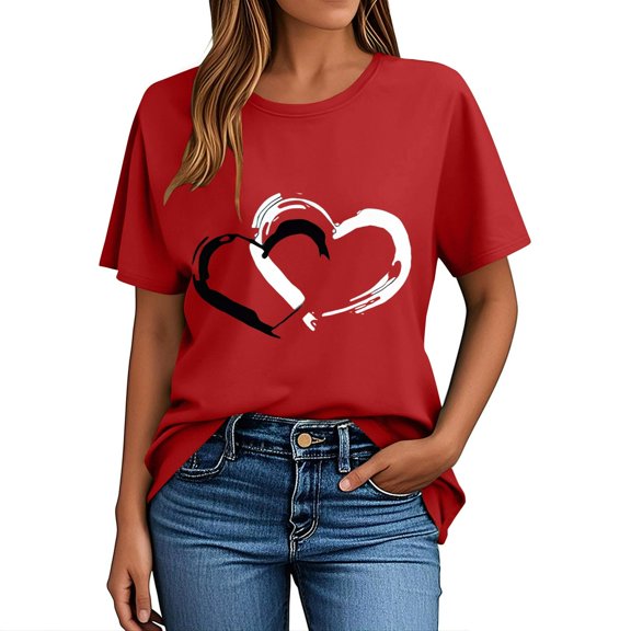 Craaazy Women's Love Heart Printed T-shirt Round Neck Short Sleeved Sunmmer Tops Gifts