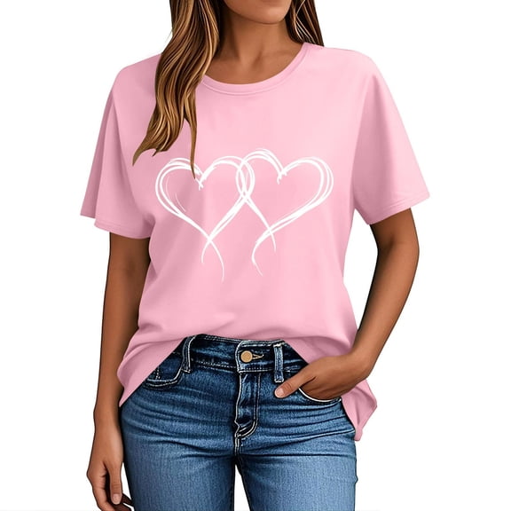 Craaazy Women's Love Heart Printed T-shirt Round Neck Short Sleeved Sunmmer Tops Gifts