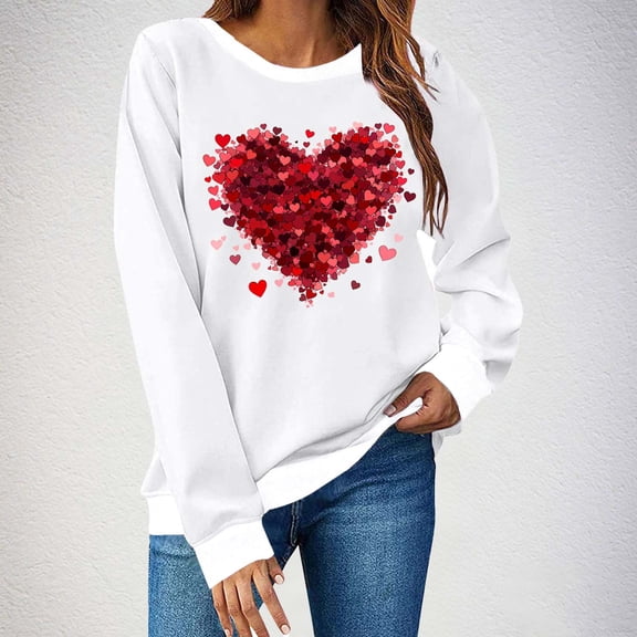 Craaazy Women's Love Heart Printed Valentines Clothes Loose Crewneck Long Sleeve Shirts Gifts