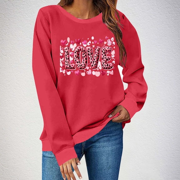 Craaazy Women's Love Heart Printed Valentines Clothes Loose Crewneck Long Sleeve Shirts Gifts