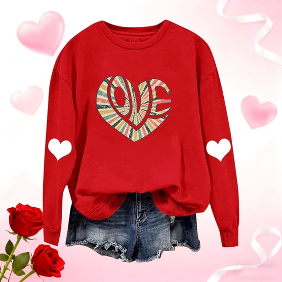 Craaazy Women's Love Heart Valentine's T-Shirts Casual Long Sleeve Crewneck Tops Gifts