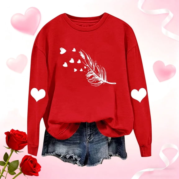 Craaazy Women's Love Heart Valentine's T-Shirts Casual Long Sleeve Crewneck Tops Gifts