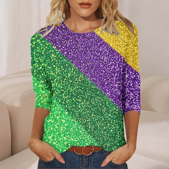 Craaazy Women's Mardi Gras Blouse Fashion Casual Carnival Print Round Neck 3/4 Sleeve Tops Gifts