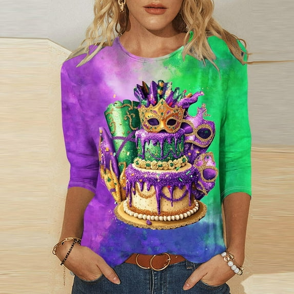 Craaazy Women's Mardi Gras Mask Prints 3/4 Sleeve Loose Crew Neck Sweatshirts Gifts