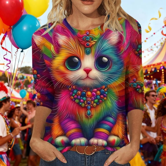 Craaazy Women's Mardi Gras Printed Shirts Loose Casual Round Neck 3/4 Sleeve Pullover Tops Gifts