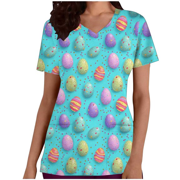 Craaazy Women's Nursing Uniform Work Clothes Easter Cute Rabbit Egg Printing V-Neck Short Sleeve Tops with Pockets Gifts