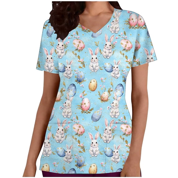 Craaazy Women's Nursing Uniform Work Clothes Easter Cute Rabbit Egg Printing V-Neck Short Sleeve Tops with Pockets Gifts