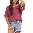 thumbnail image 1 of Craaazy Women's Oversized Solid Color Crew Neck T-Shirt - Contrast Trim Short Sleeve Casual Summer Top Gifts, 1 of 9