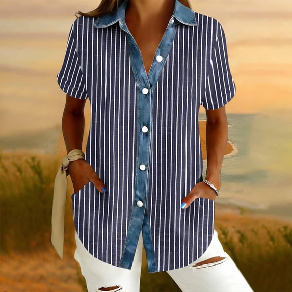 Craaazy Women's Oversized Waffle Knit Collar Button Up Short Sleeve Shirt Casual Printed Blouse for Daily Wear