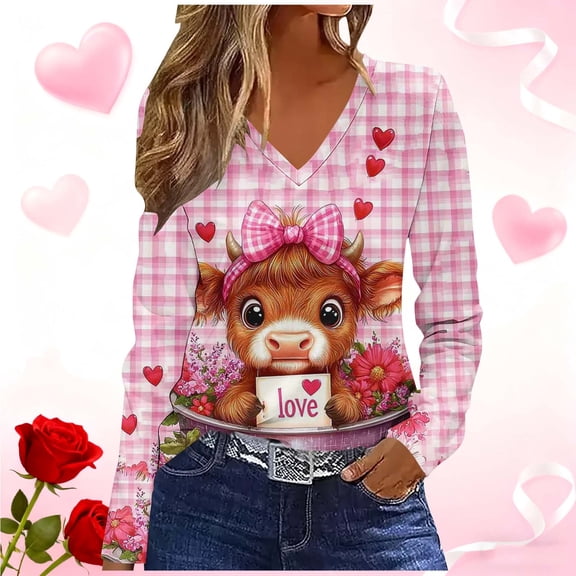 Craaazy Women's Pink Valentines Shirts Casual V-neck Long Sleeve Tops Gifts