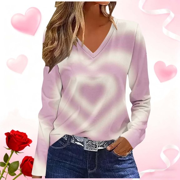 Craaazy Women's Pink Valentines Shirts Casual V-neck Long Sleeve Tops Gifts