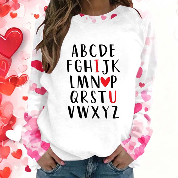 Craaazy Women's Pink Valentines Shirts Love Heart Graphic Crew Neck Long Sleeve Shirts Gifts