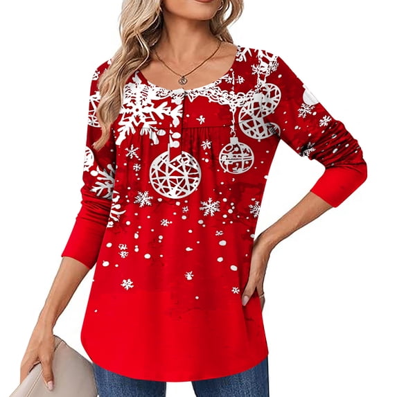 Craaazy Women's Pleated Buttons T-shirt Fashion Printing Casual Round Neck Long Sleeve Pullover T-Shirt Fashion Casual Tunics Top Gifts
