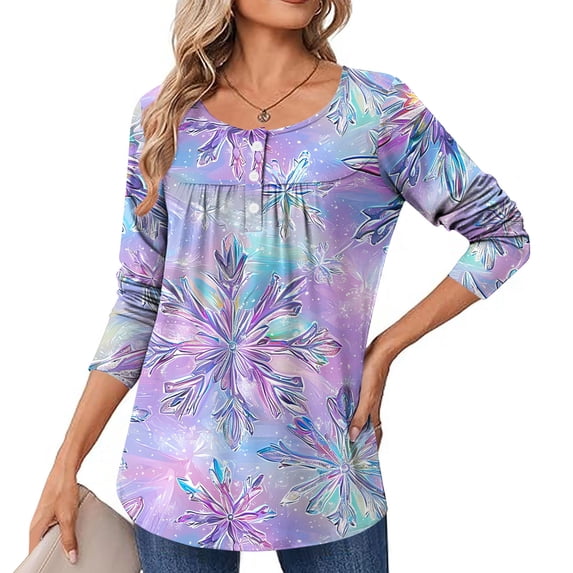 Craaazy Women's Pleated Buttons T-shirt Fashion Printing Casual Round Neck Long Sleeve Pullover T-Shirt Fashion Casual Tunics Top Gifts