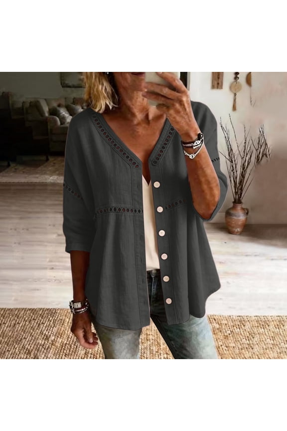 Women's Plus Size Casual Linen Blend Top, V Neck 3/4 Sleeve Solid Color Button Up Blouse, Comfortable Shirt for Everyday Outfits
