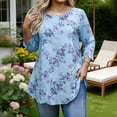 thumbnail image 1 of Craaazy Women's Plus Size Floral Print 3/4 Sleeve Crewneck T-Shirt - Casual Curved Hem Top Comfort & Style for Everyday Wear Gifts, 1 of 7