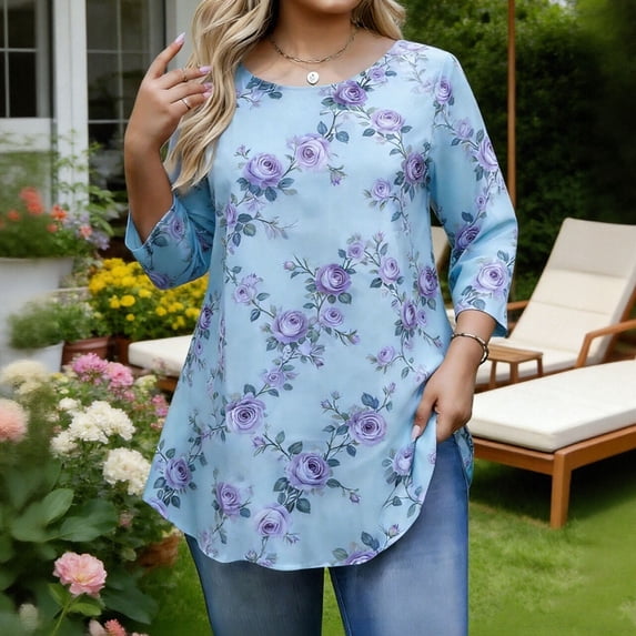 Craaazy Women's Plus Size Floral Print 3/4 Sleeve Crewneck T-Shirt - Casual Curved Hem Top Comfort & Style for Everyday Wear Gifts
