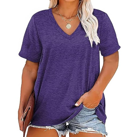 Craaazy Women's Plus Size Loose Fit Solid Color V Neck Short Sleeve T-shirts Casual Summer Top Gifts