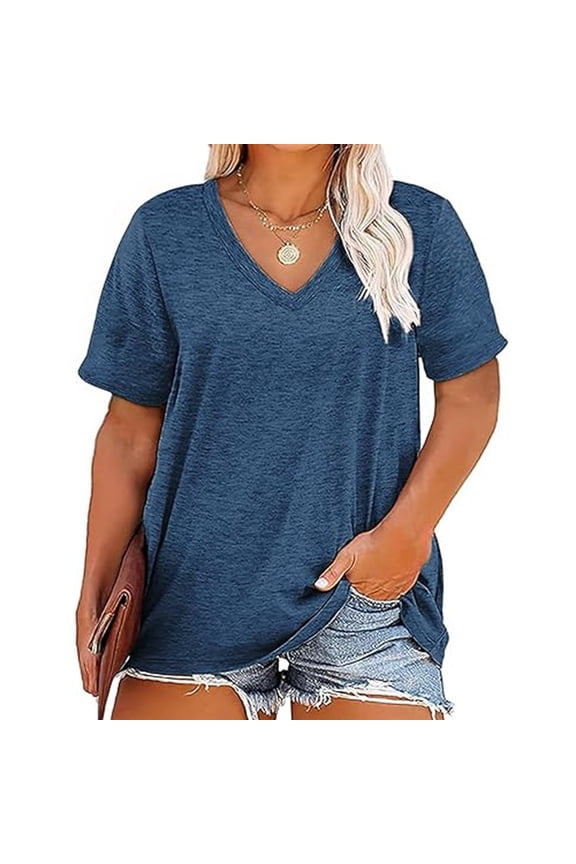 Women's Plus Size Loose Fit Solid Color V Neck Short Sleeve T-shirts Casual Summer Top Gifts